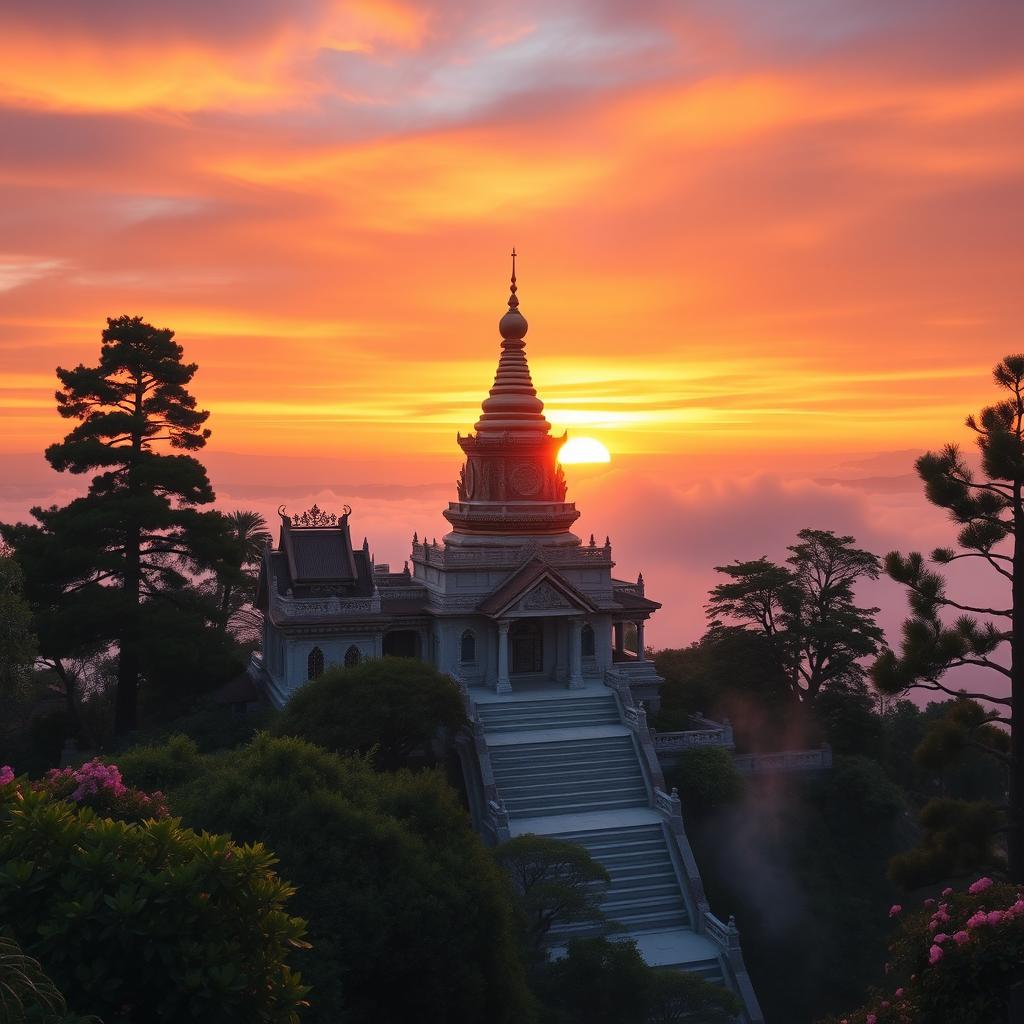 An ethereal sunrise at a Buddha temple located on a serene mountain peak