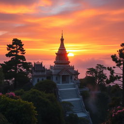 An ethereal sunrise at a Buddha temple located on a serene mountain peak