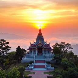 An ethereal sunrise at a Buddha temple located on a serene mountain peak