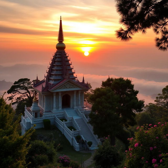 An ethereal sunrise at a Buddha temple located on a serene mountain peak