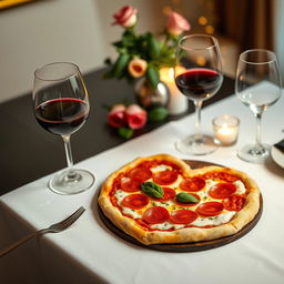 A cozy dining scene featuring a beautifully prepared table with a heart-shaped pizza prominently displayed at the center