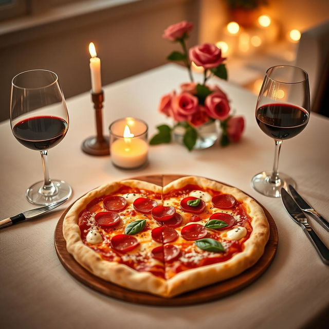 A cozy dining scene featuring a beautifully prepared table with a heart-shaped pizza prominently displayed at the center