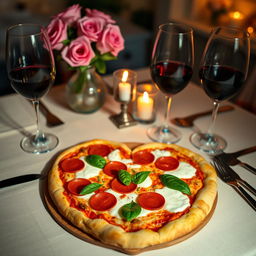A cozy dining scene featuring a beautifully prepared table with a heart-shaped pizza prominently displayed at the center