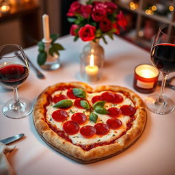 A cozy dining scene featuring a beautifully prepared table with a heart-shaped pizza prominently displayed at the center