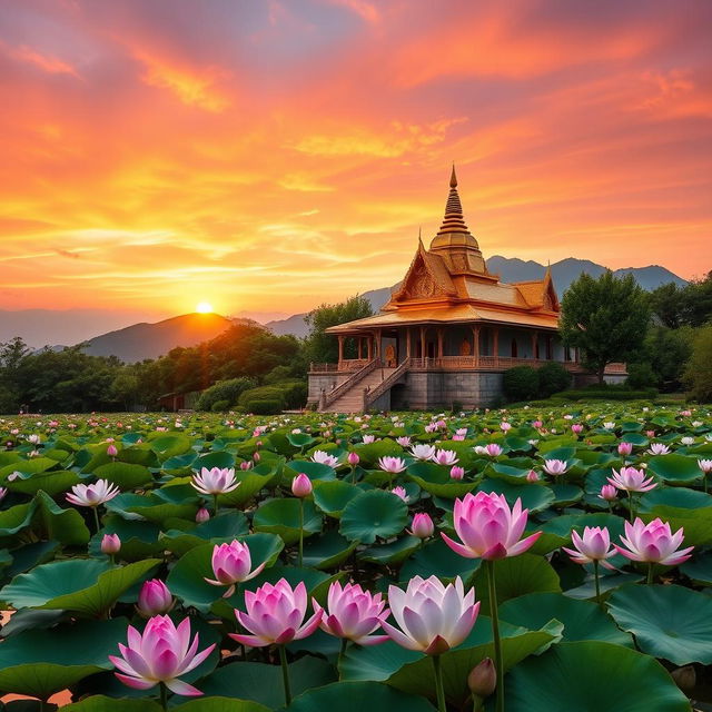 A stunning sunrise at a Buddha temple set on a majestic mountain, surrounded by blooming lotus flowers in a tranquil pond