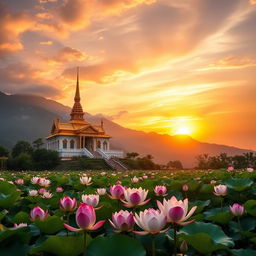 A stunning sunrise at a Buddha temple set on a majestic mountain, surrounded by blooming lotus flowers in a tranquil pond