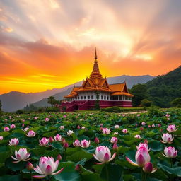 A stunning sunrise at a Buddha temple set on a majestic mountain, surrounded by blooming lotus flowers in a tranquil pond