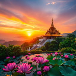 A breathtaking sunrise at a Buddha temple perched on a tranquil mountain, surrounded by vibrant lotus flowers in a serene pond nearby