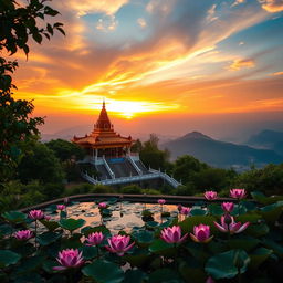 A breathtaking sunrise at a Buddha temple perched on a tranquil mountain, surrounded by vibrant lotus flowers in a serene pond nearby