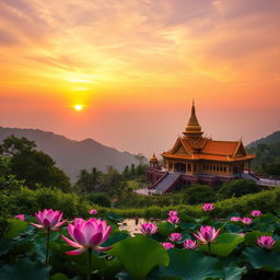 A breathtaking sunrise at a Buddha temple perched on a tranquil mountain, surrounded by vibrant lotus flowers in a serene pond nearby