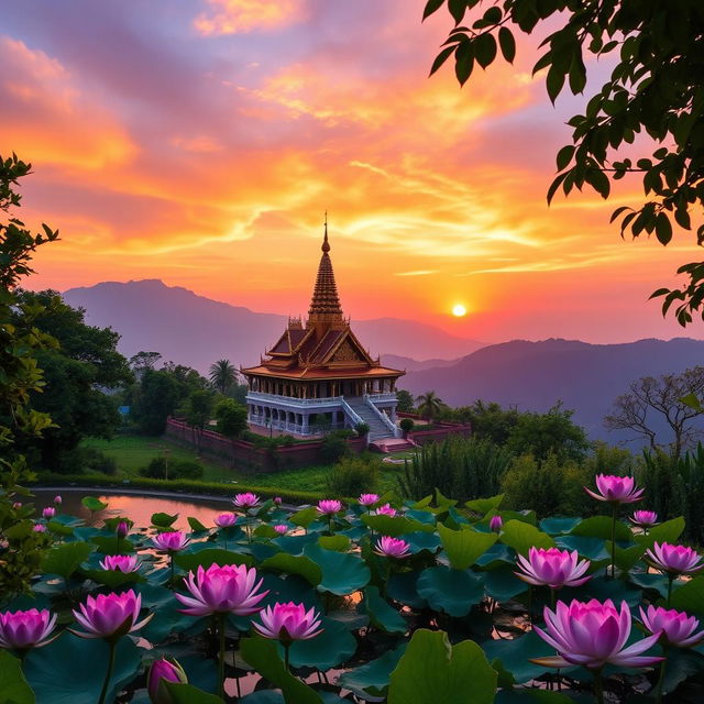 A breathtaking sunrise at a Buddha temple perched on a tranquil mountain, surrounded by vibrant lotus flowers in a serene pond nearby