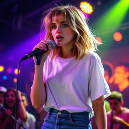 A 27-year-old young woman with medium-length, disheveled mousy blond hair and captivating green eyes, featuring light makeup enhancing her natural beauty