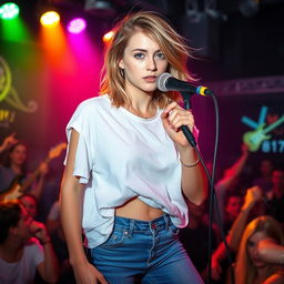 A 27-year-old young woman with medium-length, disheveled mousy blond hair and captivating green eyes, featuring light makeup enhancing her natural beauty