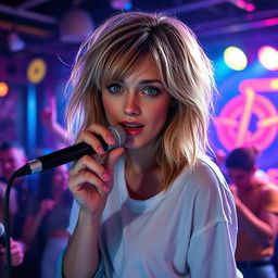 A 27-year-old young woman with medium-length, disheveled mousy blond hair and captivating green eyes, featuring light makeup enhancing her natural beauty