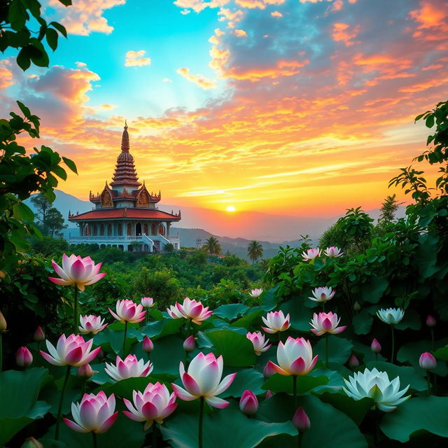 A captivating sunrise at a Buddha temple situated on a serene mountain, surrounded by an enchanting scene of blooming lotus flowers in a peaceful pond