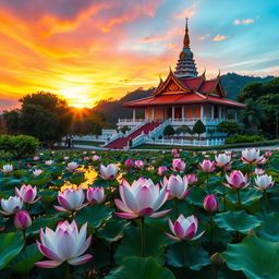 A captivating sunrise at a Buddha temple situated on a serene mountain, surrounded by an enchanting scene of blooming lotus flowers in a peaceful pond