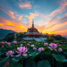 A captivating sunrise at a Buddha temple situated on a serene mountain, surrounded by an enchanting scene of blooming lotus flowers in a peaceful pond