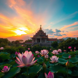 A captivating sunrise at a Buddha temple situated on a serene mountain, surrounded by an enchanting scene of blooming lotus flowers in a peaceful pond