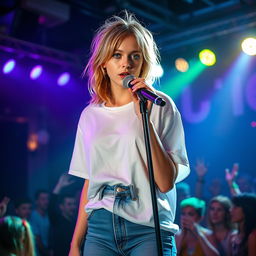 A 27-year-old young woman with medium-length, disheveled mousy blond hair and enchanting green eyes, adorned with light makeup that highlights her features