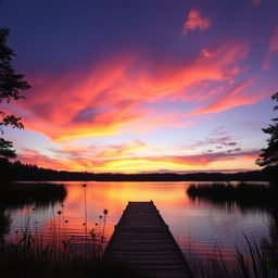 A serene landscape featuring a beautiful sunset over a calm lake, with vibrant orange, pink, and purple hues in the sky