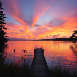 A serene landscape featuring a beautiful sunset over a calm lake, with vibrant orange, pink, and purple hues in the sky
