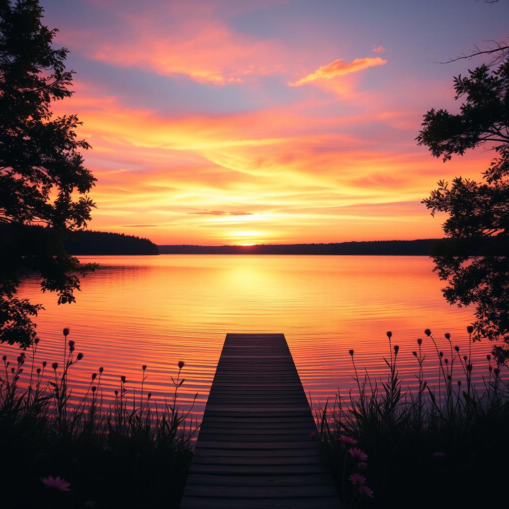 A serene landscape featuring a beautiful sunset over a calm lake, with vibrant orange, pink, and purple hues in the sky