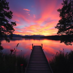A serene landscape featuring a beautiful sunset over a calm lake, with vibrant orange, pink, and purple hues in the sky