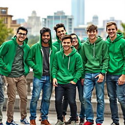 A group of stylish young men wearing green hoodies and jeans, standing together in an urban environment