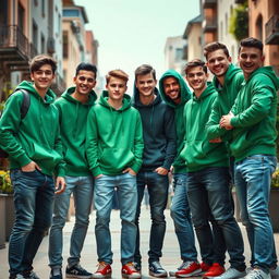 A group of stylish young men wearing green hoodies and jeans, standing together in an urban environment