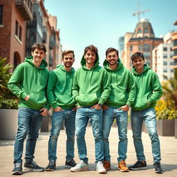 A group of stylish young men wearing green hoodies and jeans, standing together in an urban environment