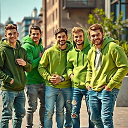 A group of stylish young men wearing green hoodies and jeans, standing together in an urban environment
