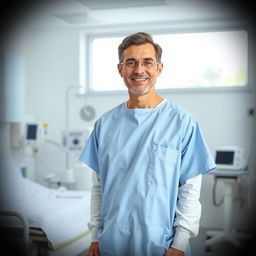 A person standing in a hospital room, wearing a light blue hospital gown, with medical equipment and a hospital bed visible in the background