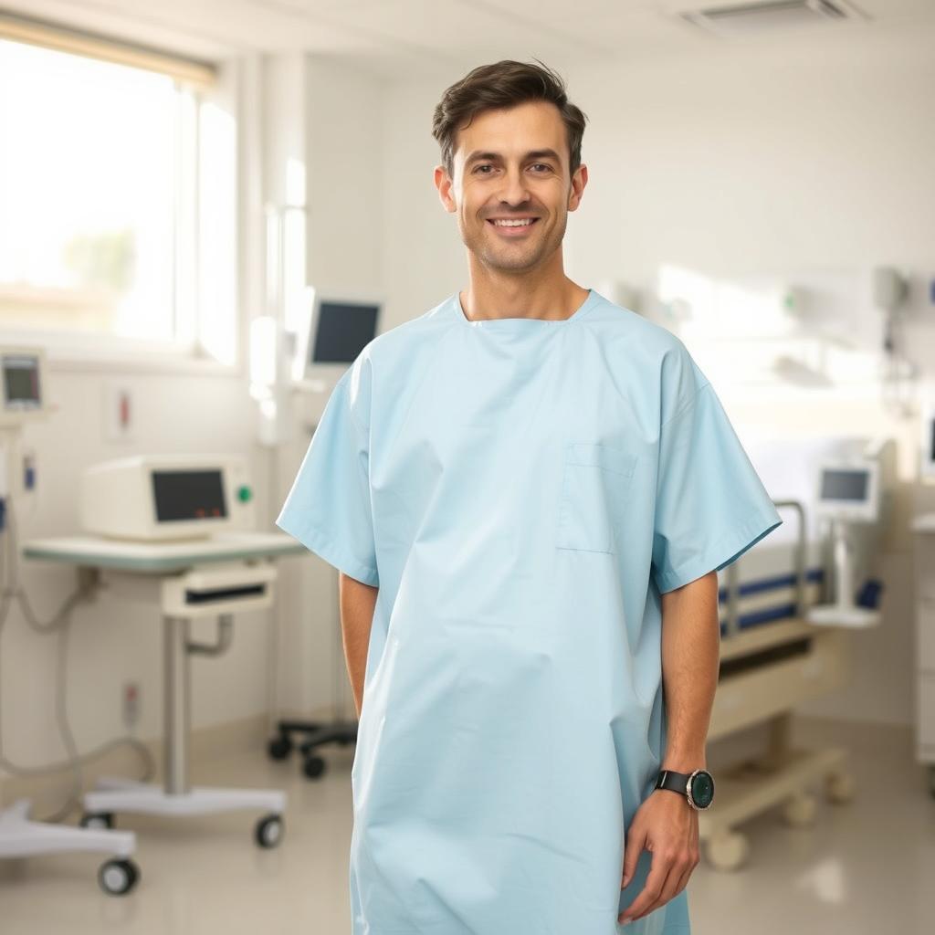 A person standing in a hospital room, wearing a light blue hospital gown, with medical equipment and a hospital bed visible in the background