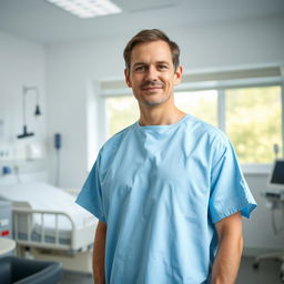 A person standing in a hospital room, wearing a light blue hospital gown, with medical equipment and a hospital bed visible in the background