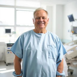 A person standing in a hospital room, wearing a light blue hospital gown, with medical equipment and a hospital bed visible in the background