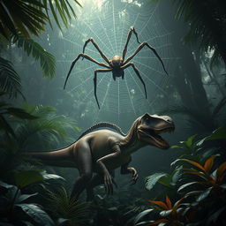 A velociraptor is crouching in a dense, lush jungle, with high detail showcasing its fierce and agile physique, ready to pounce