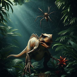 A velociraptor is crouching in a dense, lush jungle, with high detail showcasing its fierce and agile physique, ready to pounce