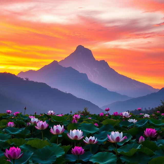 A breathtaking sunrise over a majestic mountain, with vibrant colors painting the sky in shades of orange, pink, and purple