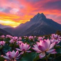 A breathtaking sunrise over a majestic mountain, with vibrant colors painting the sky in shades of orange, pink, and purple