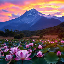 A breathtaking sunrise over a majestic mountain, with vibrant colors painting the sky in shades of orange, pink, and purple