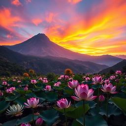 A breathtaking sunrise over a majestic mountain, with vibrant colors painting the sky in shades of orange, pink, and purple