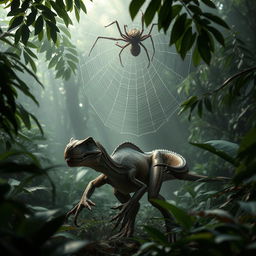 A velociraptor is crouching in a lush, dense jungle, showcasing its powerful and agile form, poised to strike