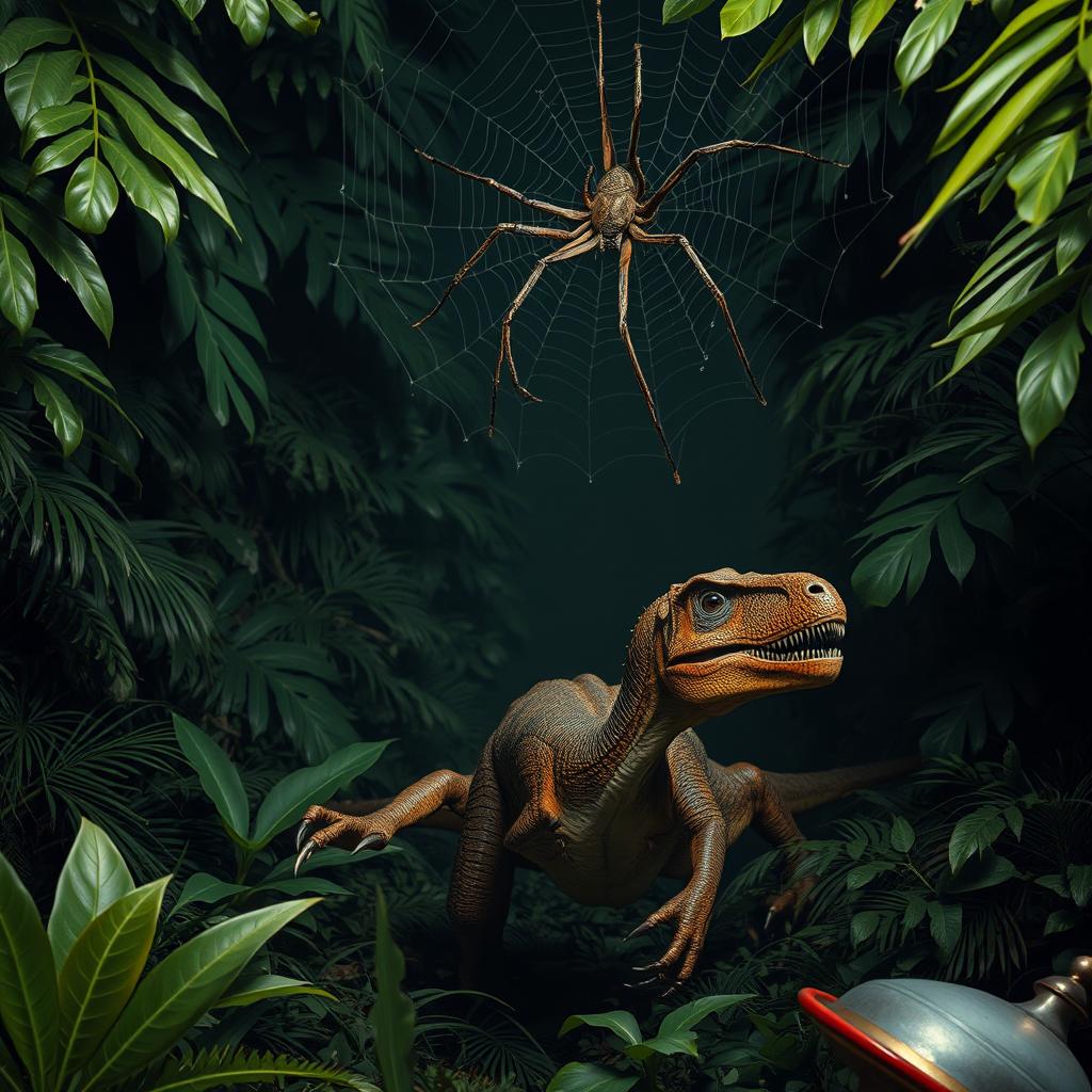 A velociraptor is crouching in a lush, dense jungle, showcasing its powerful and agile form, poised to strike