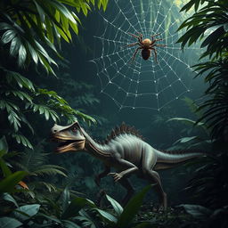 A velociraptor is crouching in a lush, dense jungle, showcasing its powerful and agile form, poised to strike