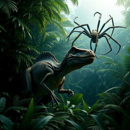 A large-sized velociraptor is crouching in a dense, vibrant jungle, with its powerful build and sharp claws poised and ready to strike