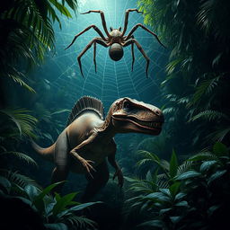 A large-sized velociraptor is crouching in a dense, vibrant jungle, with its powerful build and sharp claws poised and ready to strike