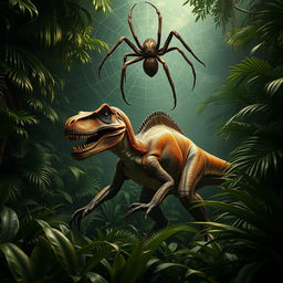 A large-sized velociraptor is crouching in a dense, vibrant jungle, with its powerful build and sharp claws poised and ready to strike