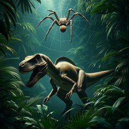 A large-sized velociraptor is crouching in a dense, vibrant jungle, with its powerful build and sharp claws poised and ready to strike