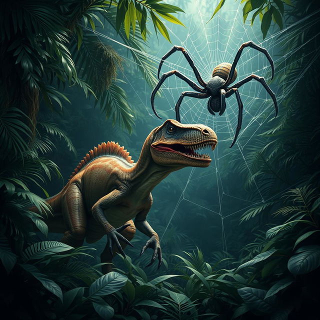 A sizable velociraptor crouches in a dense, vibrant jungle, showcasing its muscular form and razor-sharp claws poised to strike