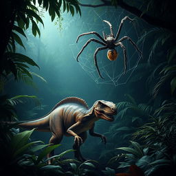 A sizable velociraptor crouches in a dense, vibrant jungle, showcasing its muscular form and razor-sharp claws poised to strike